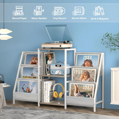 Bikoney Platenkast met Opbergruimte voor Platenspeler – Tafelkast voor Draaitafel met Display, Geschikt voor 300 LP's, Media Console met CD Rek voor Vinyl, Stereo & Draaitafel (Wit)