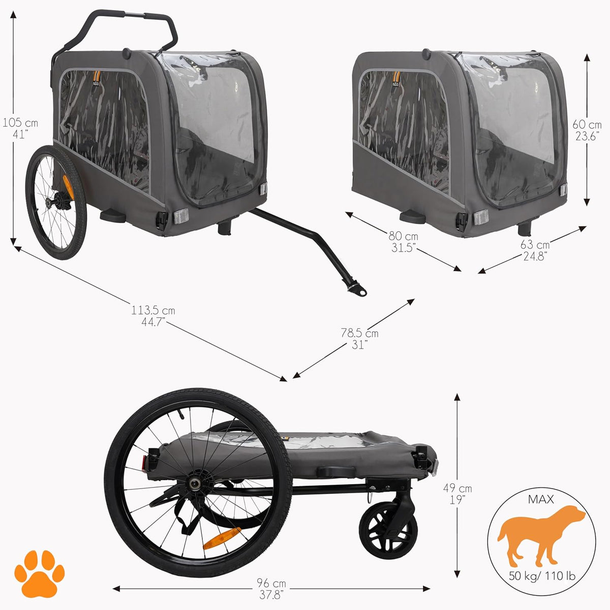 Carter - 3in1 Hond Huisdier Fiets, Fietstransportaanhanger, Huisdier & Winkelwagen Fietskinderwagen, Jogger, Handige Trolley, Gemakkelijk Op te Vouwen, Inclusief Regenschermen, Max