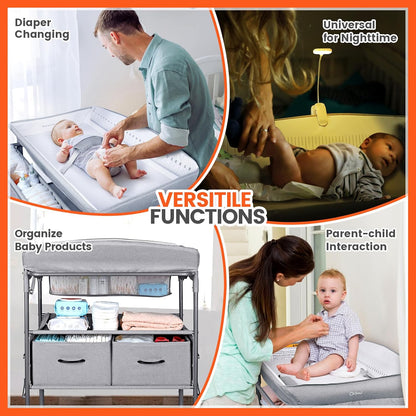 Orzbow Draagbare Baby Luiertafel met Laden en Nachtlampje, in Hoogte Verstelbaar Babyverschoontafel met Veiligheidsgordel, Opvouwbaar en Mobiel Verzorgingstafel, Ruime Opbergruimte, Grijs