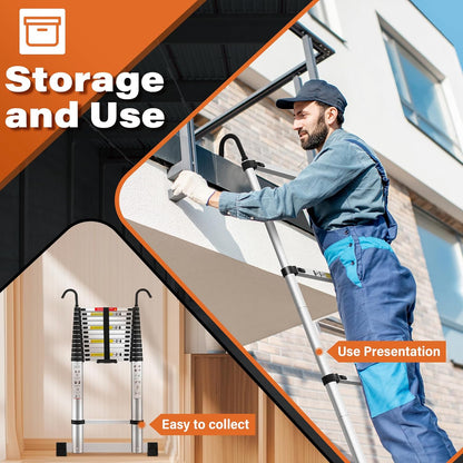 TEENO Telescopische ladder, 5 m, inklapbaar, van aluminium, met stabilisatorstang en afneembare haak, maximale belasting 150 kg