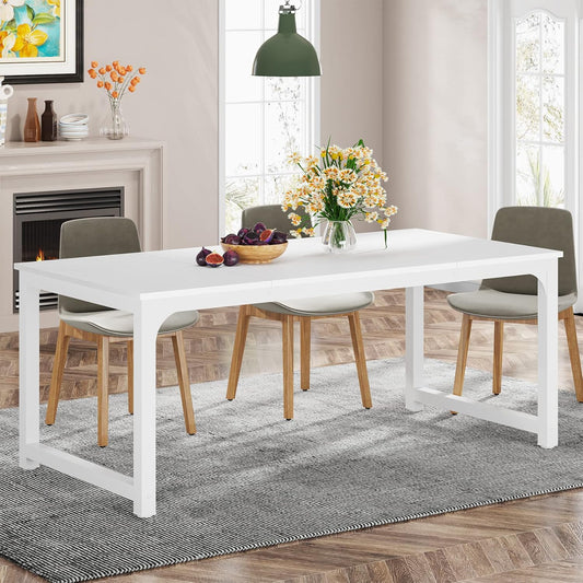 Tribesigns Dining Table, 180 x 80 cm, Industrial Kitchen Table for 6-8 People, Rectangular Dining Table for Dining Room, Kitchen, Living Room, with Robust Metal Legs (White)