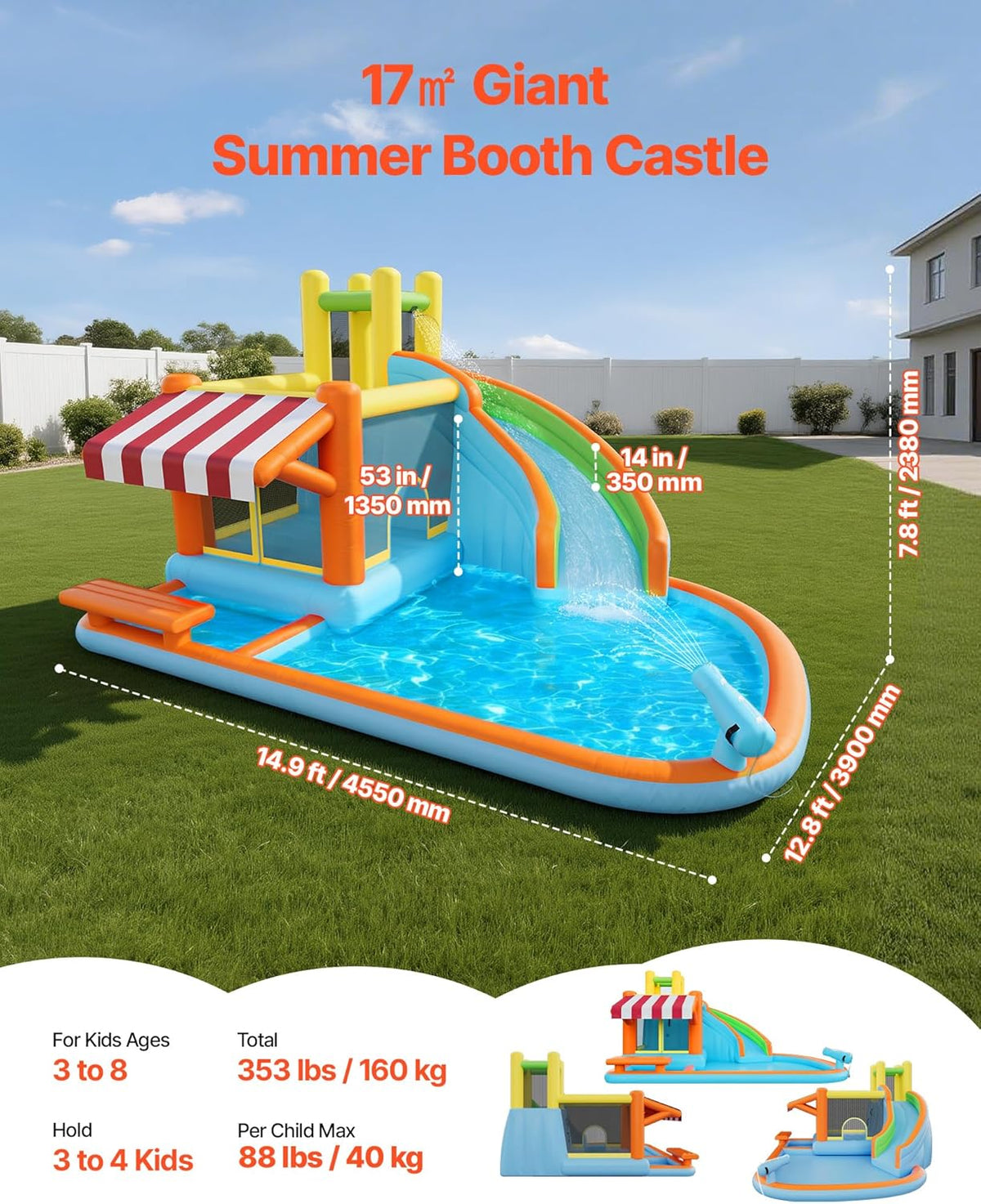 VEVOR Springhuis voor kinderen, opblaasbaar springhuis met luchtblazer, waterglijbaan, uitsmijterkasteel met kasteelspringers, hoge glijbaan, spatzwembad en pretend-marktstand, voor 3 tot 4 kinderen