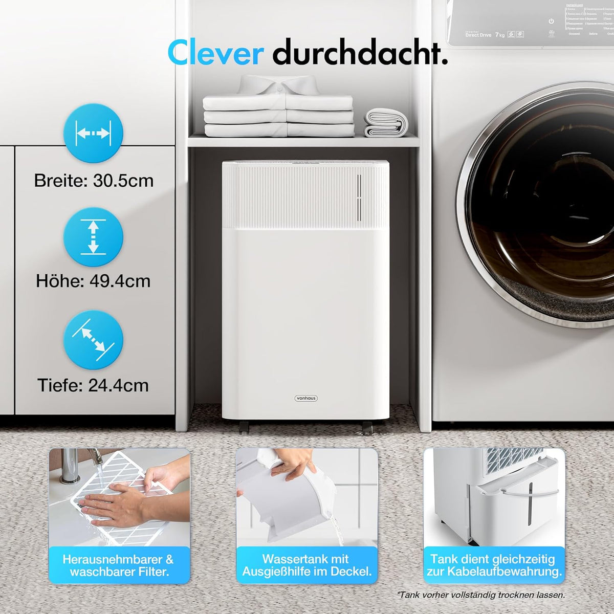 VonHaus Elektrische luchtontvochtiger, 20 l/dag, 4,5 l waterreservoir, wifi/smart kamerontvochtiger tegen vocht, condensatie, schimmel en geuren, luchtontvochtiger voor wasgoed, thuis, slaapkamer