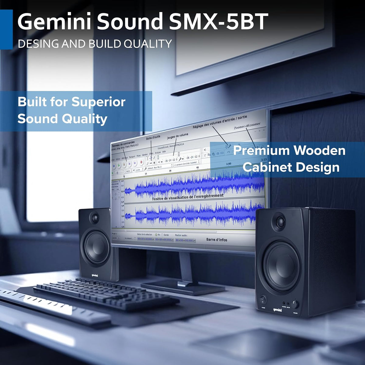 Gemini Sound SMX-5BT 5 inch studiomonitorluidsprekers met Bluetooth - 200 W piekvermogen, TRS/RCA/Aux-ingangen, akoestische afstemming, actief/passief paar voor thuisstudio, DJ en muziekproductie
