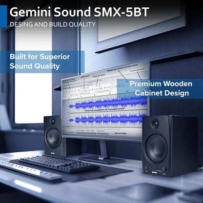 Gemini Sound SMX-5BT 5 inch studiomonitorluidsprekers met Bluetooth - 200 W piekvermogen, TRS/RCA/Aux-ingangen, akoestische afstemming, actief/passief paar voor thuisstudio, DJ en muziekproductie