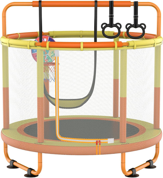 CZCPAPY Trampoline voor kinderen, outdoor trampoline voor binnen en buiten, met veiligheidsnet, mand, stangen, schommels, cadeau voor kinderen (geeloranje)