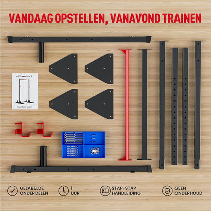 Power rack Basic – Squat rack – Fitness rack – Krachtstation – Halterrek – Stalen constructie 50 x 50 mm – In 12 hoogtes verstelbaar met optrekstang en dipsteunen