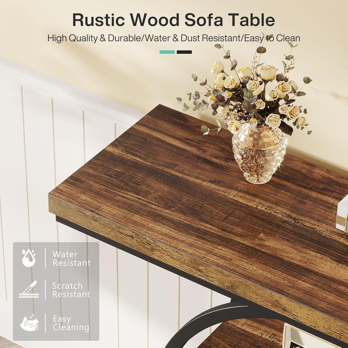 Tribesigns Console Table 105cm with 4 Levels, Narrow Industrial Sofa Table with Round Metal Frame, Wooden Entrance Table with Storage Racks for Living Room (Rustic Brown) - QUORE
