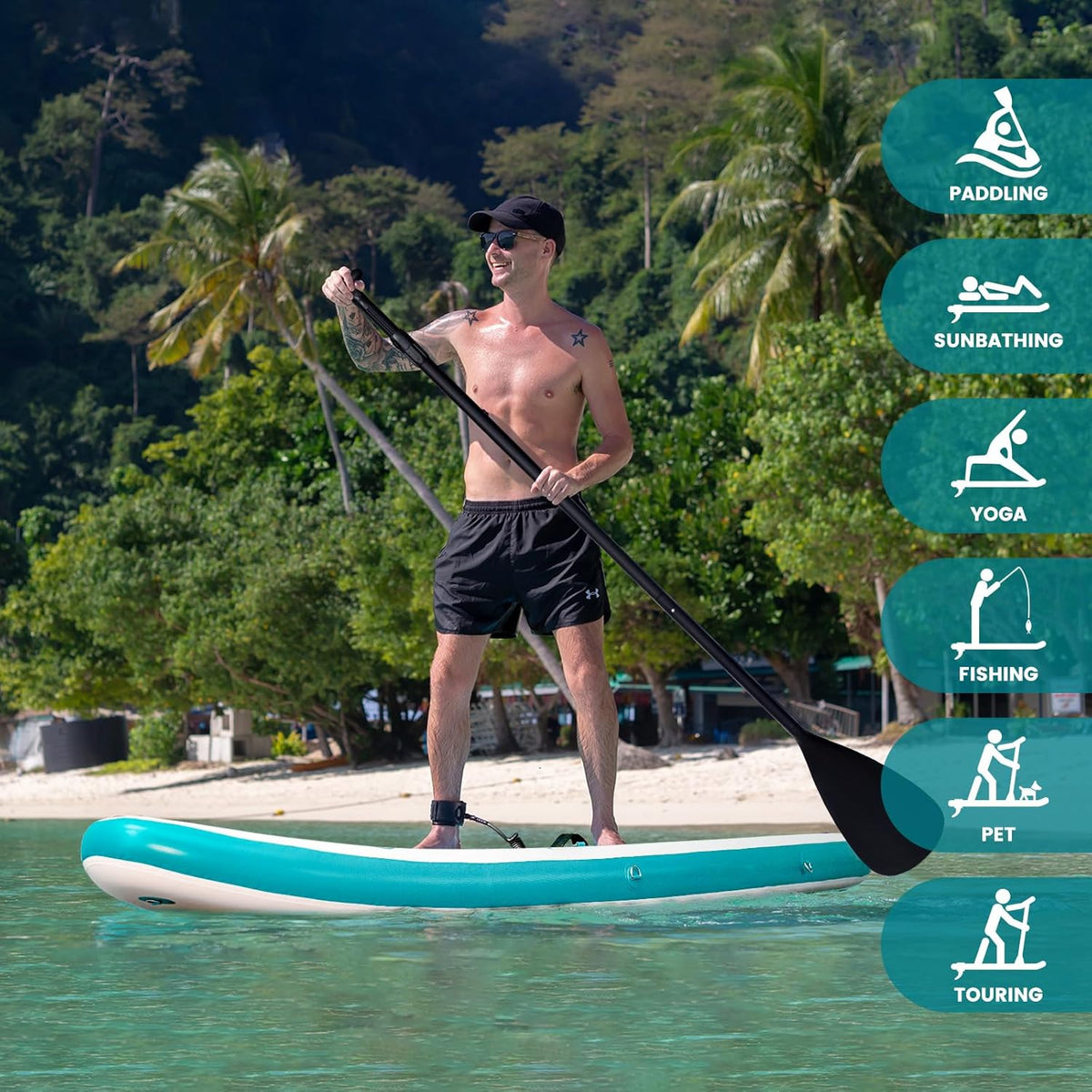 FEATH-R-LITE Opblaasbaar stand-up paddleboard, surfplank, SUP, compleet paddleboard, accessoires, verstelbare peddel, pomp, ISUP reisrugzak, paddleboard voor volwassenen (Groen en wit)