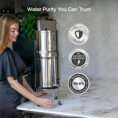 Weeplow Neptune - Système de Filtration d'Eau par Gravité 11 Litres AISI 304 avec 2 Eléments de Purification O'Pure 2, Robinet avec Niveau d'Eau et Support Inox Offert - QUORE