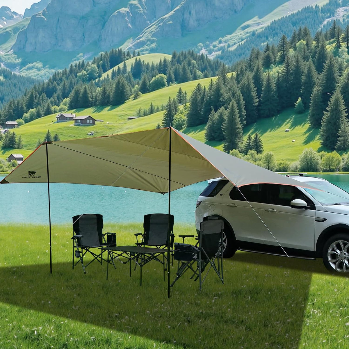 GEERTOP 3,5 x 5,8 m Automarkise Zonnescherm, Waterdicht 3000 mm Grote voortent auto met 2 stangen, Waterafstotend Zonnedak voor autocamping, SUV, MPV, Camper
