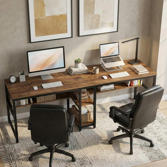 Dubbel Bureau – Tweepersoons Bureau – Computerbureau – Gamingbureau – Bureaumeubel – Vintage Bruin MDF – Staal Frame – 200 x 60 x 76 cm – Ingebouwde Opbergruimte
