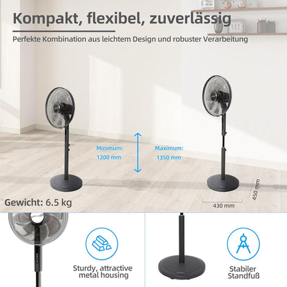 Staande Ventilator – Ventilator – Vloerventilator – Voetventilator – Statiefventilator – Zwart – 50 W DC-Motor – 24 Snelheden