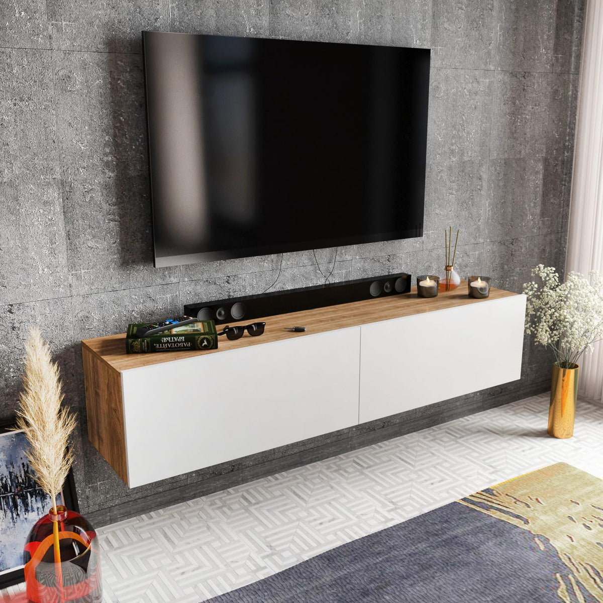 Hanah Home Scandinavian TV-standaard, White & Walnut, 159,7 cm | 100% Melamine Coated Particle Board, 18 mm dik | Stijlvol & Functioneel voor moderne woonkamers