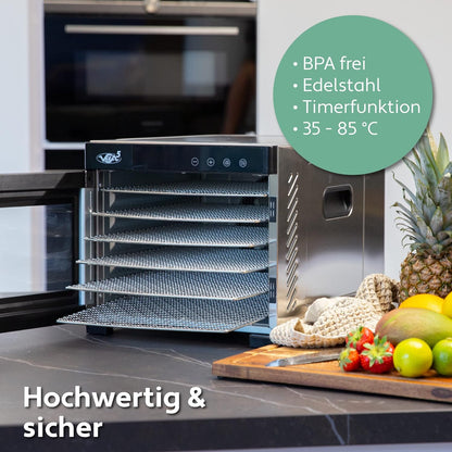Vita5 Voedseldroger met 7 roestvrijstalen trays - 650W elektrische voedseldroger voor fruit. groenten en vlees - 24-uurs timer en instelbare temperatuur 35-75°C
