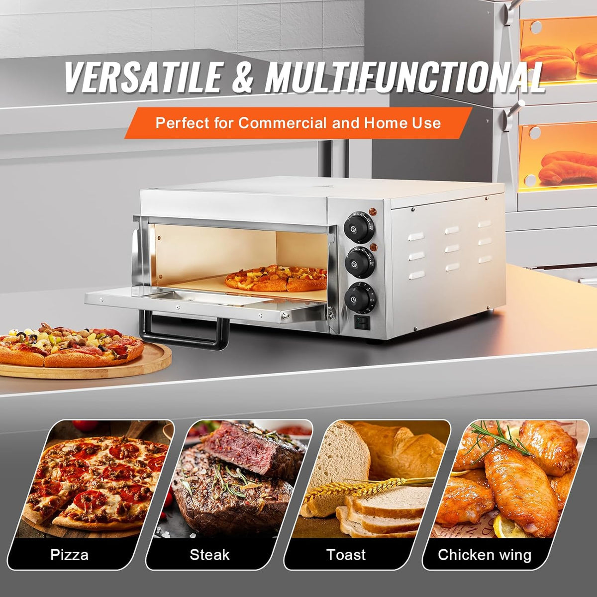 VEVOR Commerciële pizzaoven, capaciteit 40,6 cm, elektrische oven met enkele verdieping, van roestvrij staal, met steen en handvat, multifunctionele pizzamachine voor binnen, voor restaurant, huis