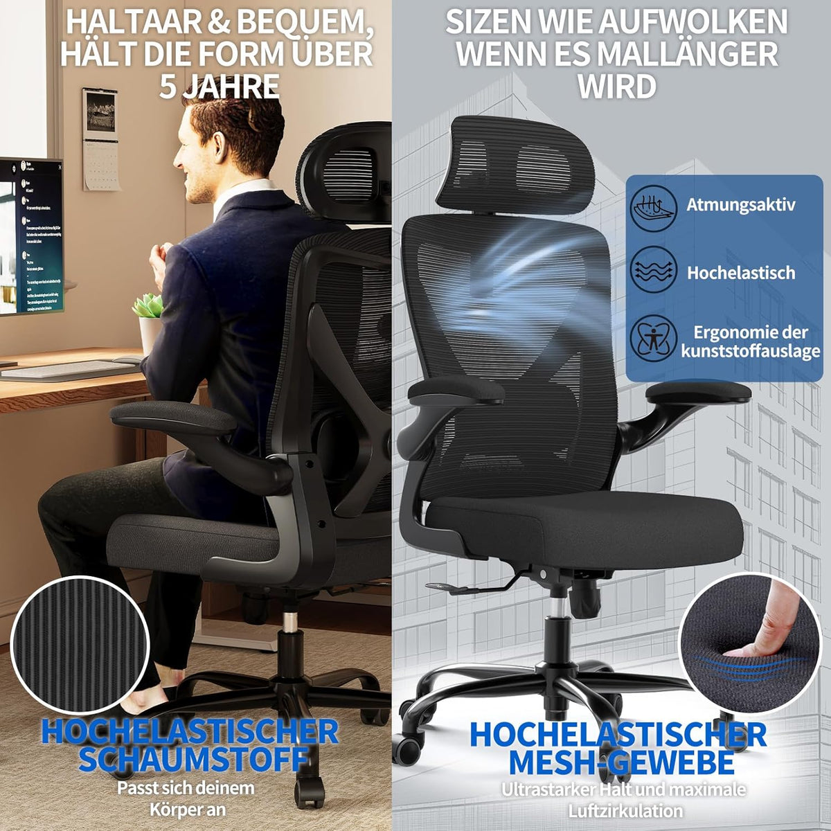 TRALT Bureaustoel, ergonomische bureaustoel met verstelbare lendensteun, hoofdsteun, bureaustoel, gamingstoel in X-vorm, bureaustoel, computerstoel, 150 kg, zwart
