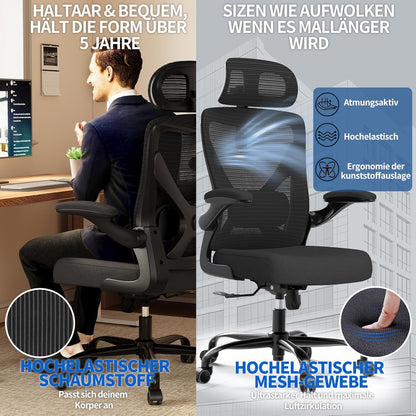 TRALT Bureaustoel, ergonomische bureaustoel met verstelbare lendensteun, hoofdsteun, bureaustoel, gamingstoel in X-vorm, bureaustoel, computerstoel, 150 kg, zwart