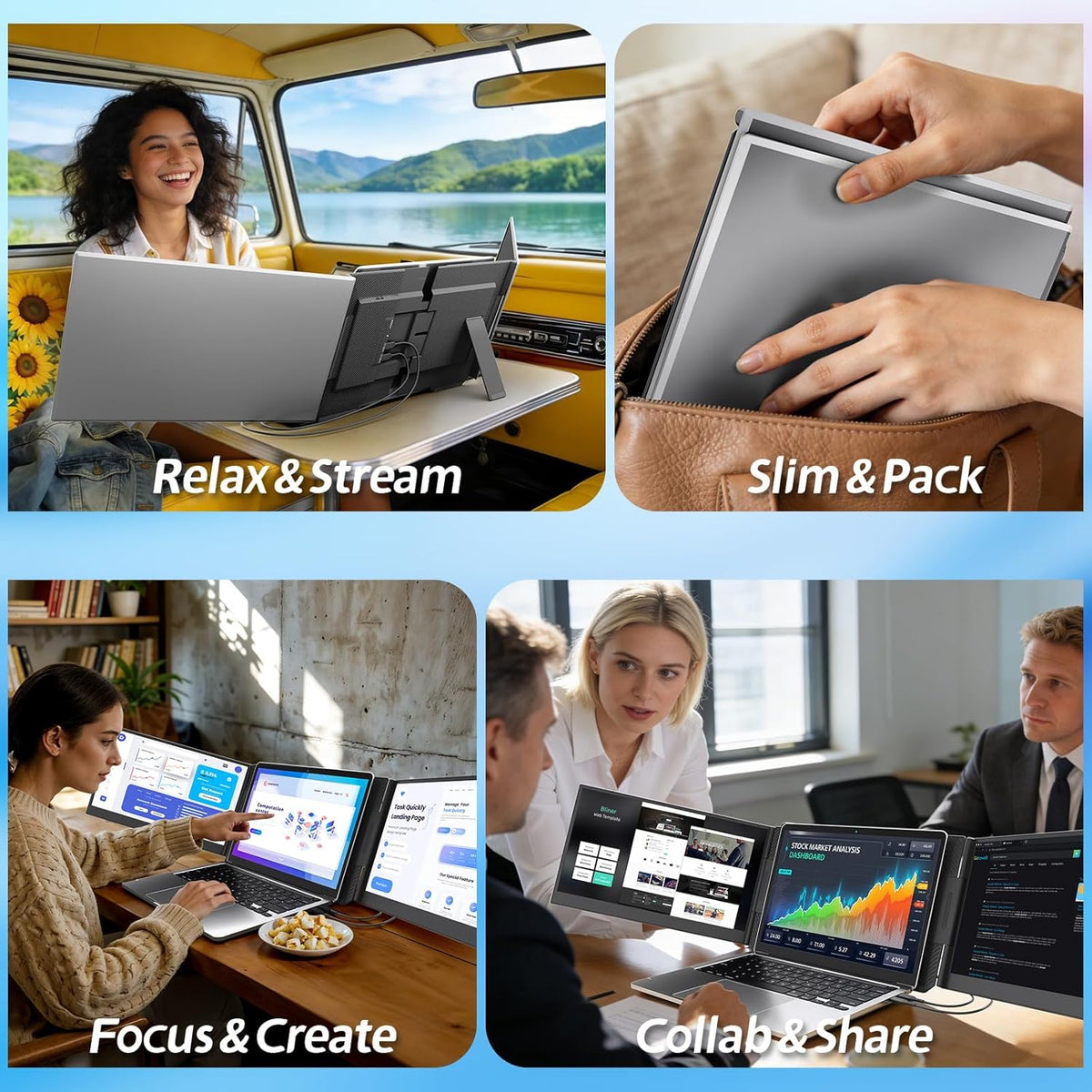 Teamgee Laptop Schermverlenger, 15.6" Ultra-Dunne Draagbare FHD Monitor, Plug & Play Drievoudig Scherm voor Reizen, Werk en Gaming, Compatibel met Mac/Windows/Android/Dex