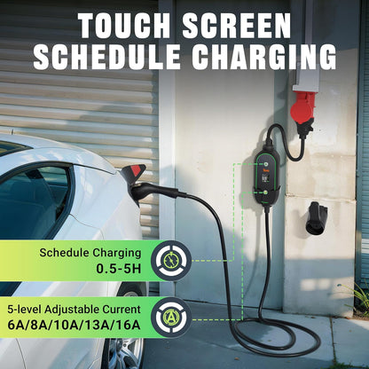 Tera Mobiele wandbox type 2 draagbaar: 11 kW 3 fasen 6-16 A 7,5 m CEE 5-pins EV-kabel oplader met vertraagd opladen en verstelbaar vermogen - autohouder
