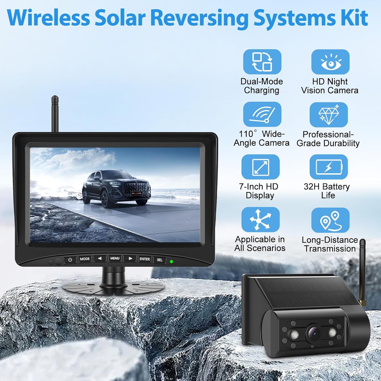 Achteruitrijcamera, draadloos, zonne-energie, 5 inch, monitor, zonne-camera, kit 1080P, HD, IR-achteruitrijcamera, nachtzicht, IP66, waterdicht, voor bestelwagens (7 inch met 1 camera)