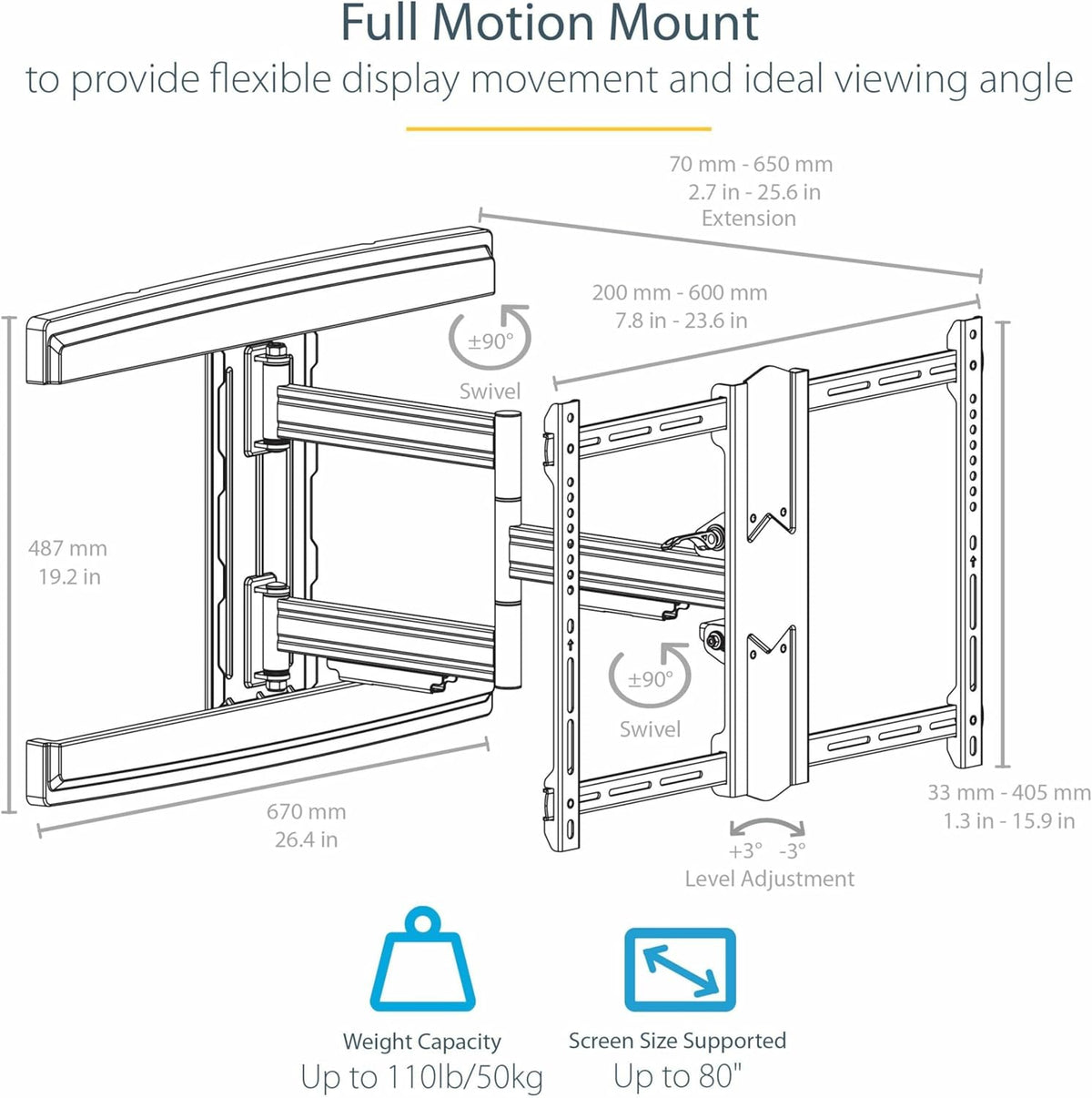 StarTech.com Full-Motion TV muurbeugel - Voor schermen met VESA-aansluiting tot 80" - scharnierende arm - staal (FPWARTS1)