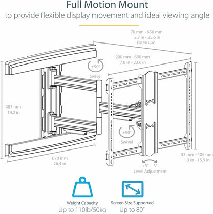 StarTech.com Full-Motion TV muurbeugel - Voor schermen met VESA-aansluiting tot 80" - scharnierende arm - staal (FPWARTS1)