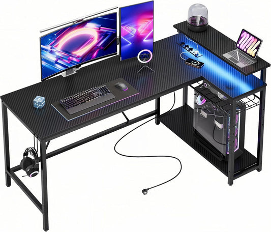 Bestier Gaming bureautafel met LED-verlichting, hoekbureau met 2 USB-oplaadpoorten en 3 stopcontacten, gaming-tafel in L-vorm met rek & monitorstandaard, grote tafel voor kantoor, slaapkamer, 147 cm