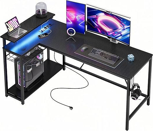 Bestier Corner Desk with USB Charging Port and Socket, Gaming Table L Shape, Small Desk with Shelf & Monitor Stand, Left and Right Interchangeable (Gaming Black, 147 x 80cm), H1006106 - QUORE