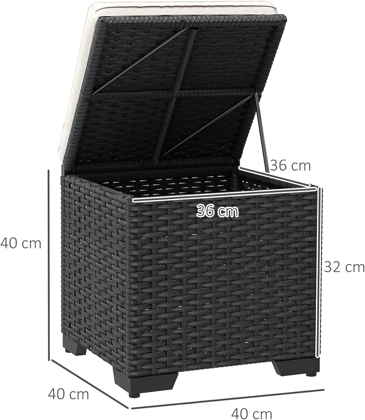 Outsunny Set of 2 Rattan Storage Ottoman, Outdoor Footstool with Removable Cushions, Garden Storage Seat for Balcony, Porch, Living Room, Cream - QUORE