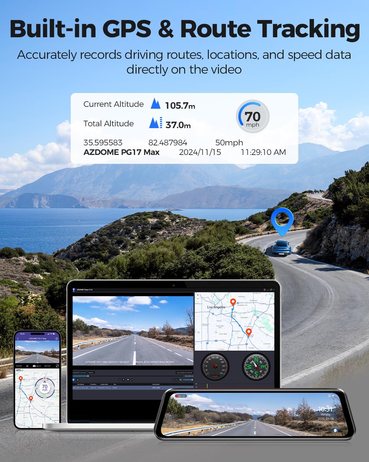 AZDOME 4K spiegel-dashcam, voor aan de auto, voor en achter met 2,5K achtercamera, 5G wifi-autocamera, 64 GB kaart inbegrepen, super nachtzicht, dashcam, GPS, spraakbediening, 12 inch IPS-touchscreen