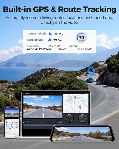 AZDOME 4K spiegel-dashcam, voor aan de auto, voor en achter met 2,5K achtercamera, 5G wifi-autocamera, 64 GB kaart inbegrepen, super nachtzicht, dashcam, GPS, spraakbediening, 12 inch IPS-touchscreen