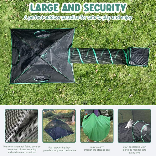 3-in-1 Kattentent - Kattenverblijf - Kattententen - draagbare Catiotent - met 1 Koepeltent - 1 Rechte Tunnel - 1 Kubus - Buitenkattenbox - voor Katten - Konijnen - Andere Dieren - Polyester - Zwart/Groen