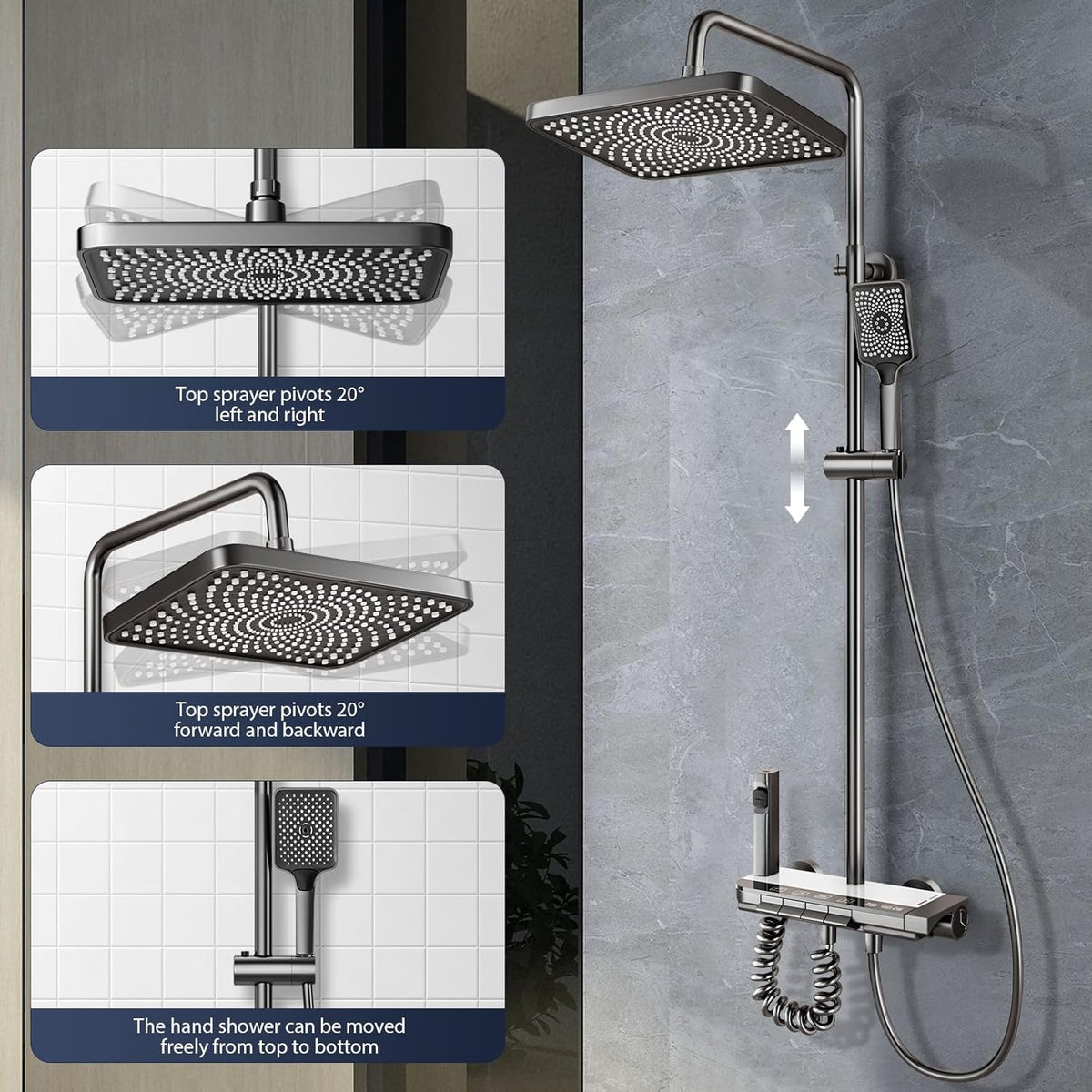 Douchekolom – Doucheset – Douchepaneel – Douchekraan – Douchesysteem – Verstelbare Kolom 80-120 cm – Digitale LED Temperatuurweergave – Grote Regendouchekop 31x21 cm