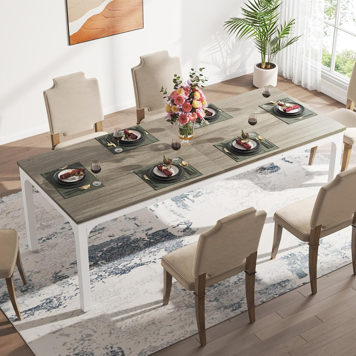 Tribesigns Dining Table for 6 to 8 People, Rectangular Kitchen Table with Sturdy Metal Legs for Living and Dining Room, Industrial Design, 200 x 70 x 75 cm (Oak, 200 x 70 x 75 cm)