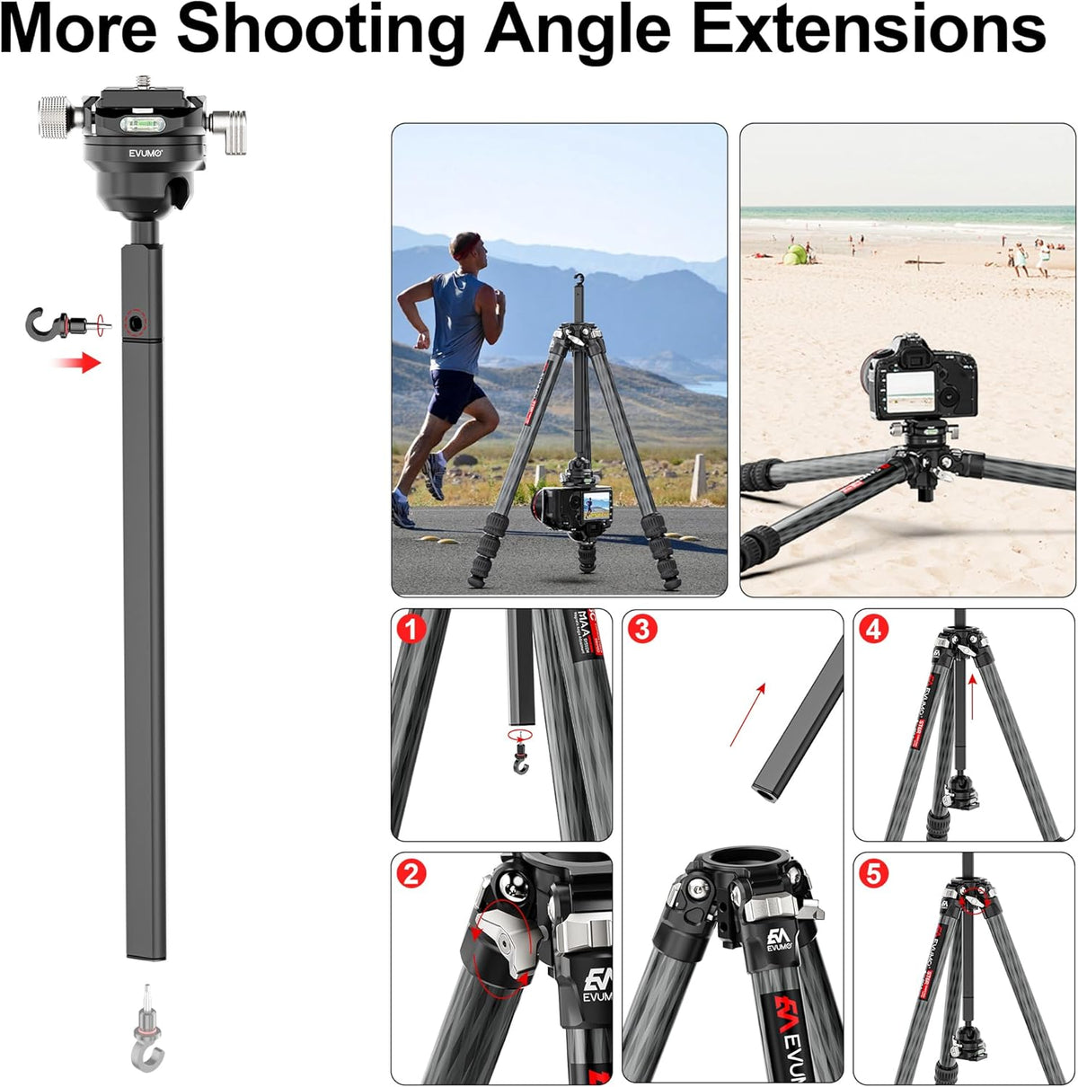 Statief camera koolstofvezel – Camerastatief – Fotostatief – Videostatief – Tripod – 360° panoramische kogelkop met Arca Swiss – Afneembare middenkolom, belastbaar tot 18 kg