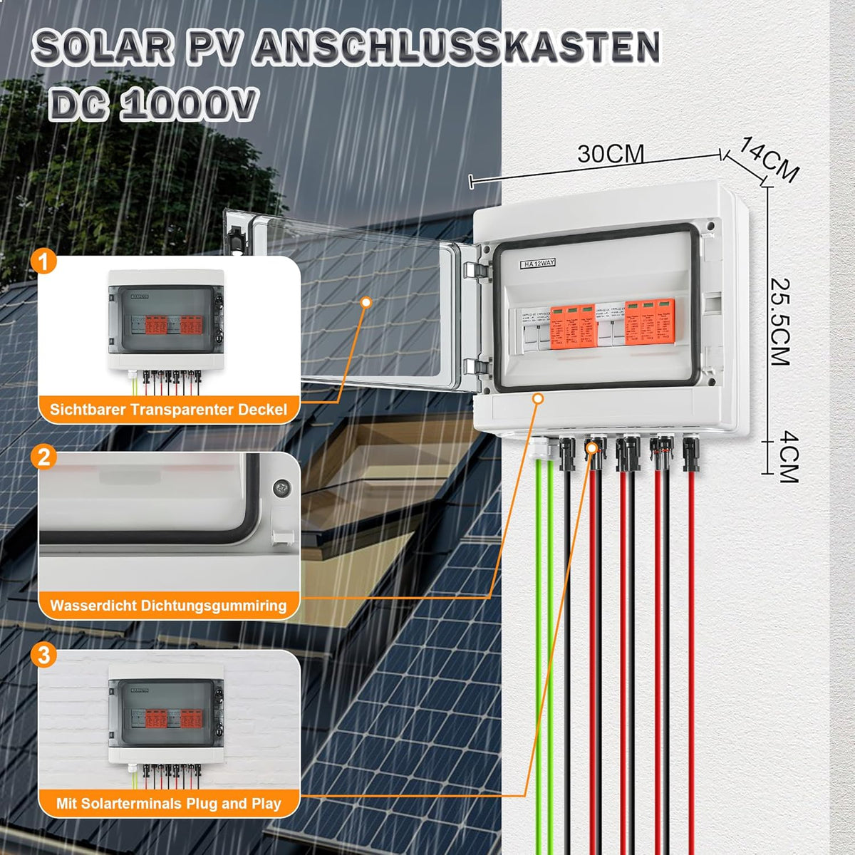 Overspanningsbeveiliging PV DC1000V bliksembeveiliging PV installatie 20-40 KA, zonne-overspanningsbeveiliging 2 snaren 12 modules met 16-zekering, IP65 waterdicht & UV-bestendig