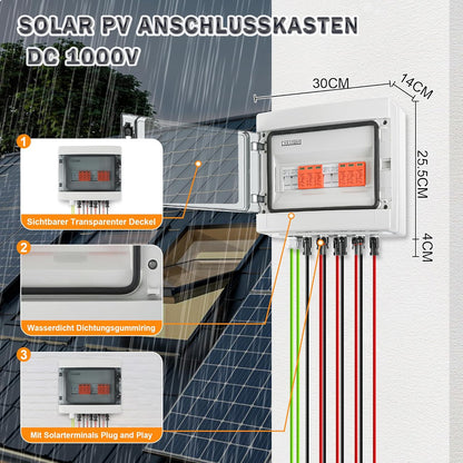 Overspanningsbeveiliging PV DC1000V bliksembeveiliging PV installatie 20-40 KA, zonne-overspanningsbeveiliging 2 snaren 12 modules met 16-zekering, IP65 waterdicht & UV-bestendig