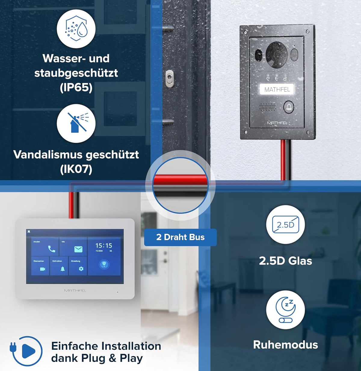 4-draads video-deurintercomsysteem intercominstallatie 1x7 inch monitor spiegelglas, deurstation voor 1 familiehuis, 170 graden groothoek-camera 1x7'' Monitor mit WLAN Schnittstelle Met