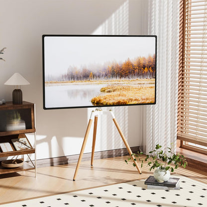 ETHU Vloertv-standaard voor scherm van 45-65 inch, in hoogte verstelbaar studio-statief, tv-displaystandaard met 140° draaibaar voor slaapkamer, woonkamer, hoek-tv-standaard (wit)