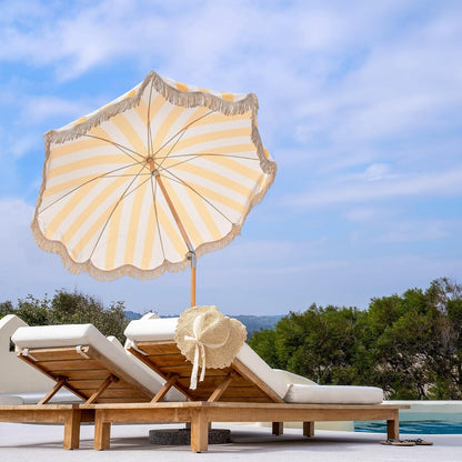 2M Boho strandparasol met franje, UPF 50+ kwastjes met draagtas, premium houten stang, opvouwbare terrasparaplu voor buiten, tuin, gazon, zwembad, tuintafel