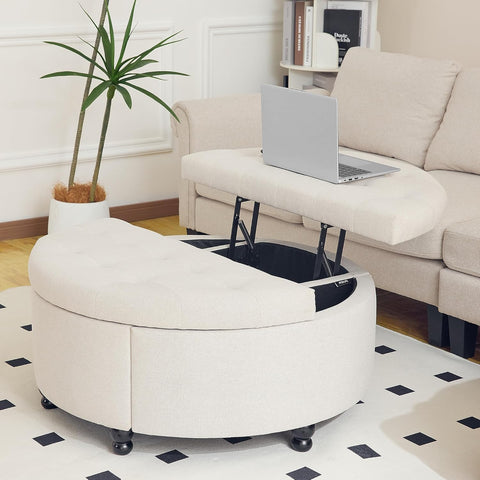 Koffietafel - Table - Coffe table - Living Room Table - Ronde Opbergpoef van 35 inch - Moderne gecapitonneerde salontafel met klep - Gestoffeerde Voetenbank - voor Woonkamer en Slaapkamer - Beige