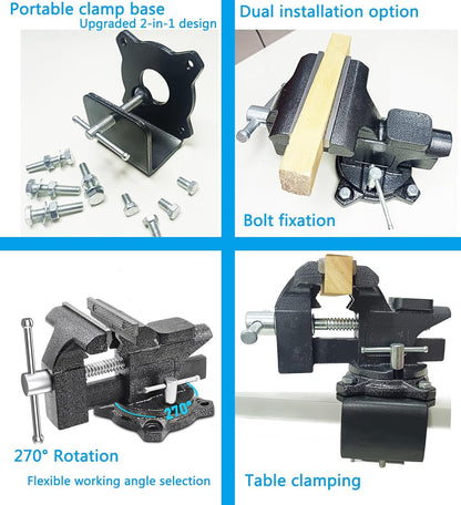 MYTEC 2-in-1 bankschroef Heavy Duty voor werkbank, verbeterde multifunctionele tafelbankschroef, universeel draaibaar, 270° werkklembevestiging, 15 cm, zwart