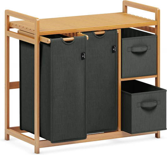 ADEL DREAM Wasmand, 4 vakken, wasverzamelaar, 140 liter, wasboxen met mand, wassorteerder met 2 waszakken en 2 stoffen boxen met plank, waszak, bamboe, wasrek, wasbox, laundry basket, donkergrijs