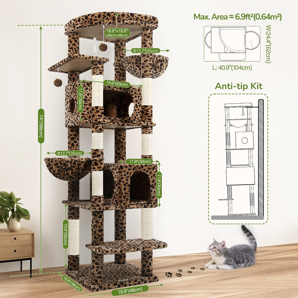 Kattenkrabpaal – Krabmeubel – Klimpaal – Kattenhuis – Krabton – Hoekmodel – 188 cm Hoog – Stabiel En Kantelbestendig