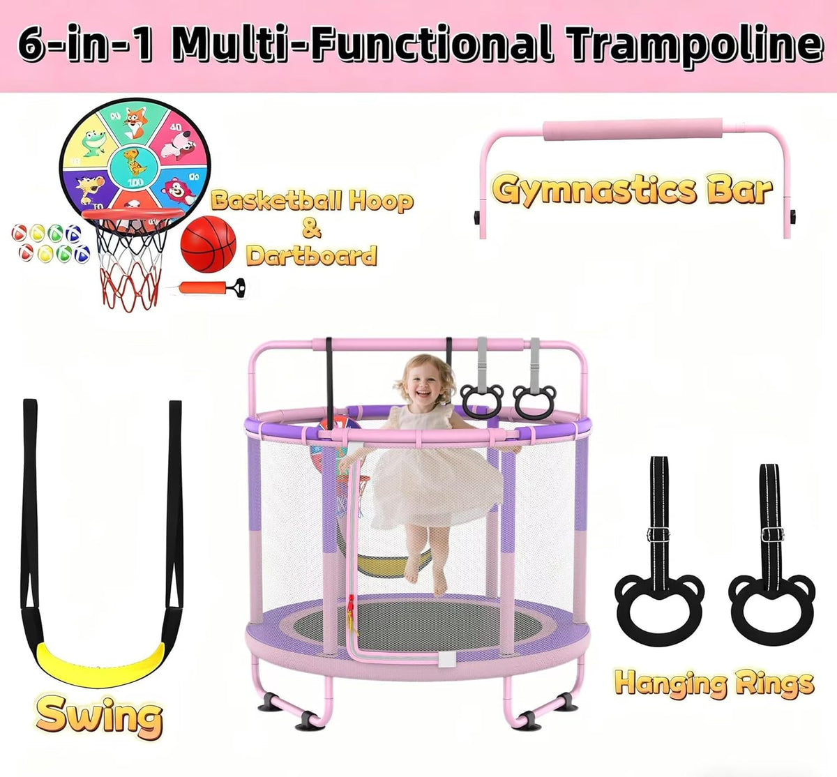 Children's Trampoline, Children's Trampoline for Outdoor, Indoor and Outdoor Use Available Trampoline with Safety Net, Basket, Rod, Swing, Gift for Children - QUORE