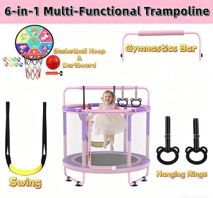 Children's Trampoline, Children's Trampoline for Outdoor, Indoor and Outdoor Use Available Trampoline with Safety Net, Basket, Rod, Swing, Gift for Children - QUORE