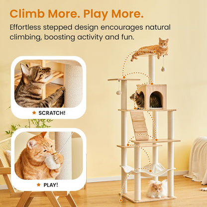 Grote Moderne Kattenboom - 178 cm Hoge Speeltoren voor Katten, Kattenmeubel met 7 Volledig Omwikkelde Krabpalen, 2 Ruime Platforms, Hangmat, Afneembaar Kussen en Pluche Ballen, Lichtbruin