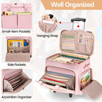 Rolbare Scrapbooktas – Trolleytas – Knutseltas – Hobbytas – Opbergtas – Roze – Met Afneembare Trolley – Laptopvak Tot 15,6 Inch