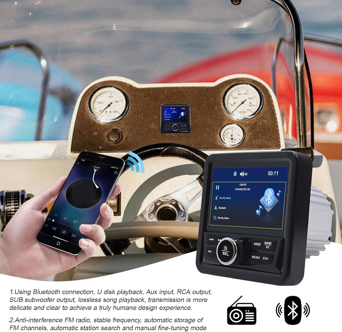 Geloo Mariene stereo-ontvanger, draadloos boot-stereo-radiosysteem met 4,1 inch LCD-scherm, digitale MP5, multifunctionele mediaspeler, AM/FM-radio, weerbestendig, voor motorfiets, boot, golfwagen,